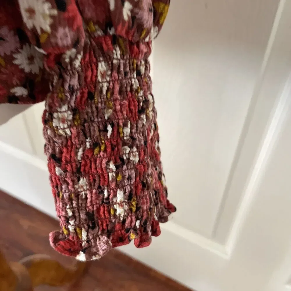 Knox Rose Womens Top Medium Cottage Core Boho Floral‎ Ruffle Hippie Shirred Pink